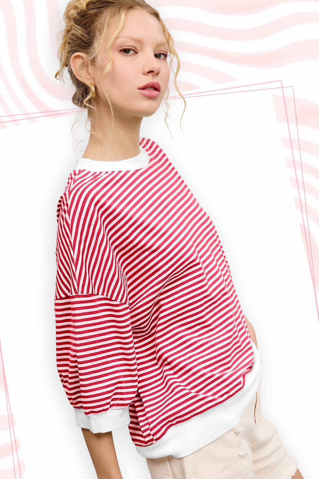 MCT7688-Loose Fit Striped Short Sleeve Crew Neckline Top