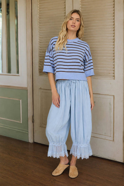 STRIPE RAW EDGE DROP SHOULDER SHORT SLEEVE SWEATER