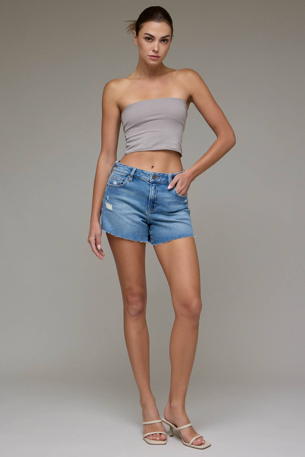 Medium Wash Mid Rise Stretch 4" Inseam Shorts
