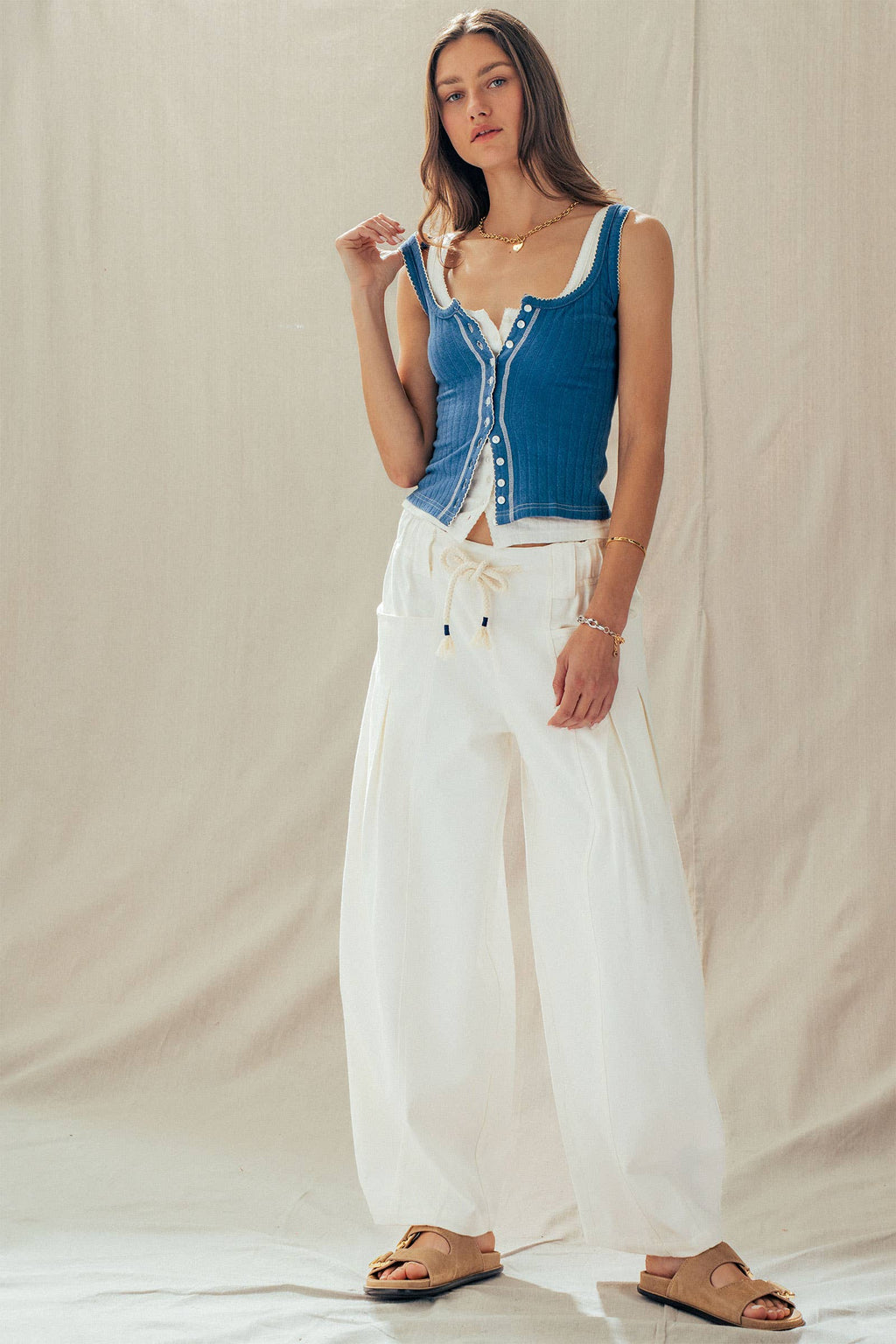Ribbed Cotton Button-Front Picot Trim Tank