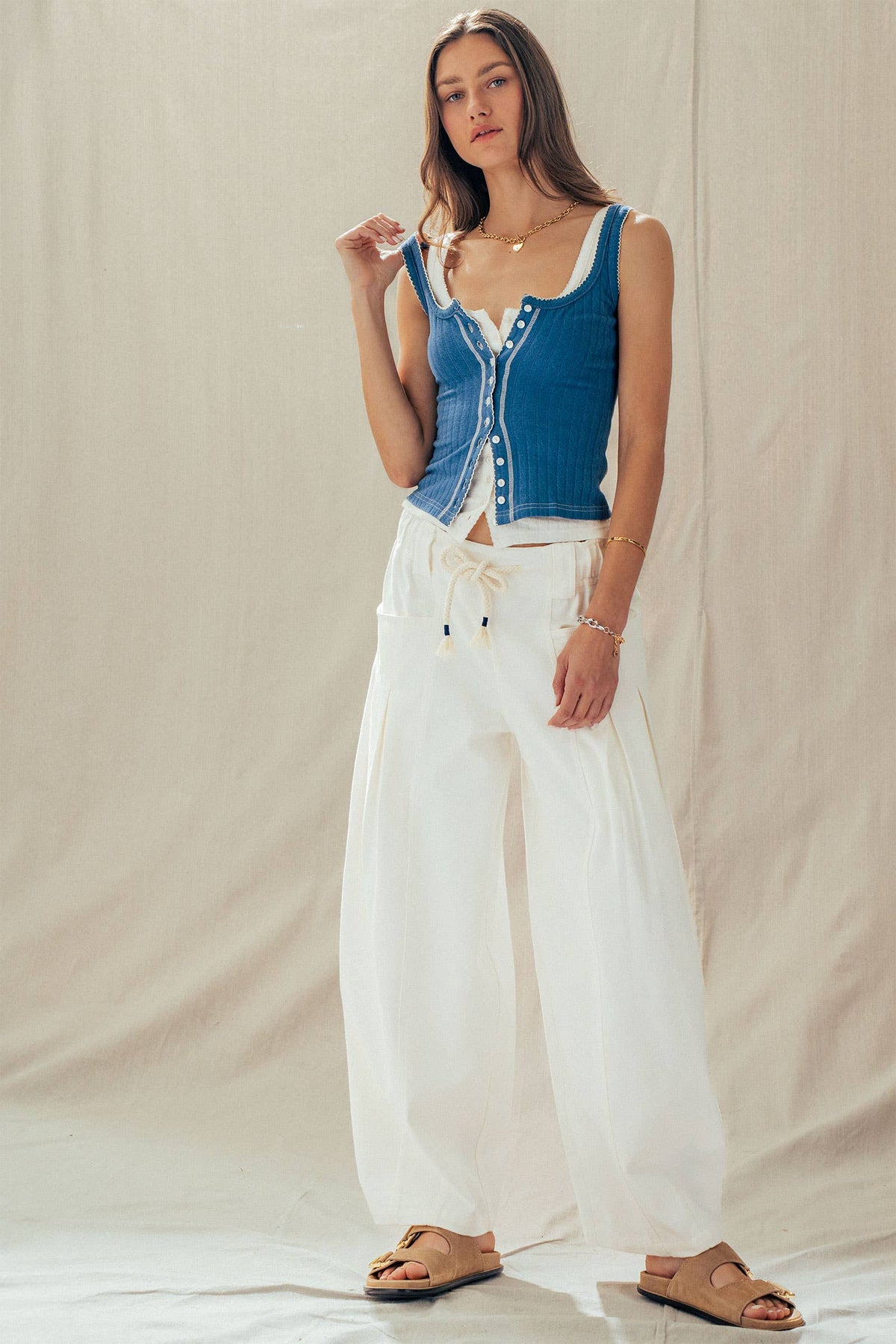 Ribbed Cotton Button-Front Picot Trim Tank