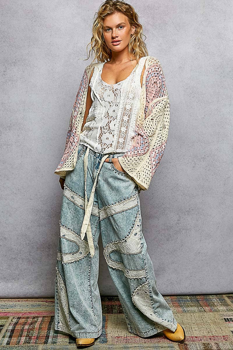 Granny Square Weave Roomy Fit Crochet Open Cardigan Top