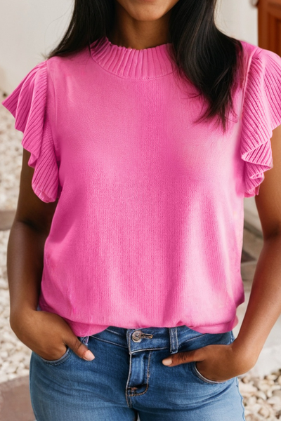 LDC Color Ribbed Trim Solid Ruffle Short Sleeve Sweater|S-4X
