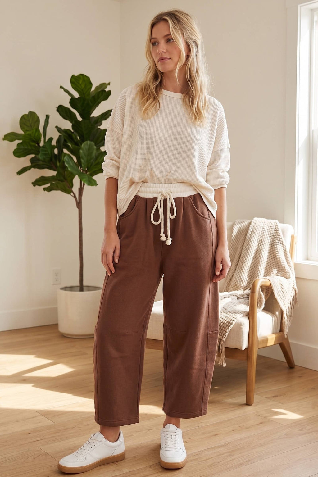 Fleece-Lined Oversized Barrel Leg Drawstring Pants