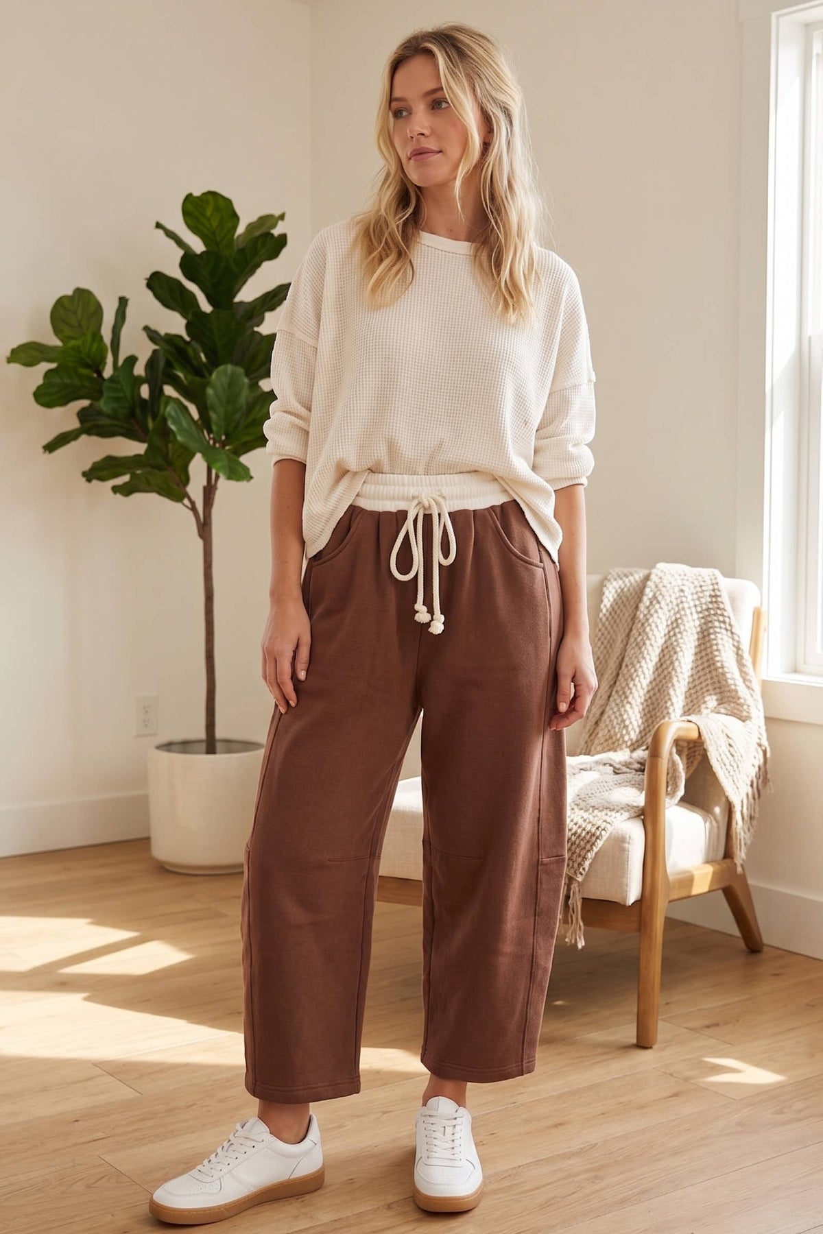 Fleece-Lined Oversized Barrel Leg Drawstring Pants