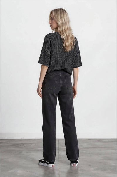 WASHED CREW NECK RAW EDGE SHORT SLEEVE SWEATER