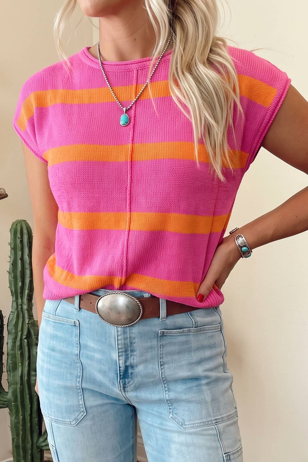 LDC Striped Short Sleeve Knit Western Sweater