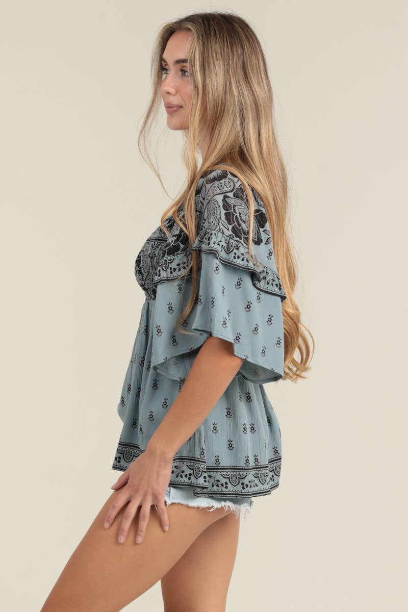 RUFFLE SLEEVES SMOCKED BUST BLOUSE