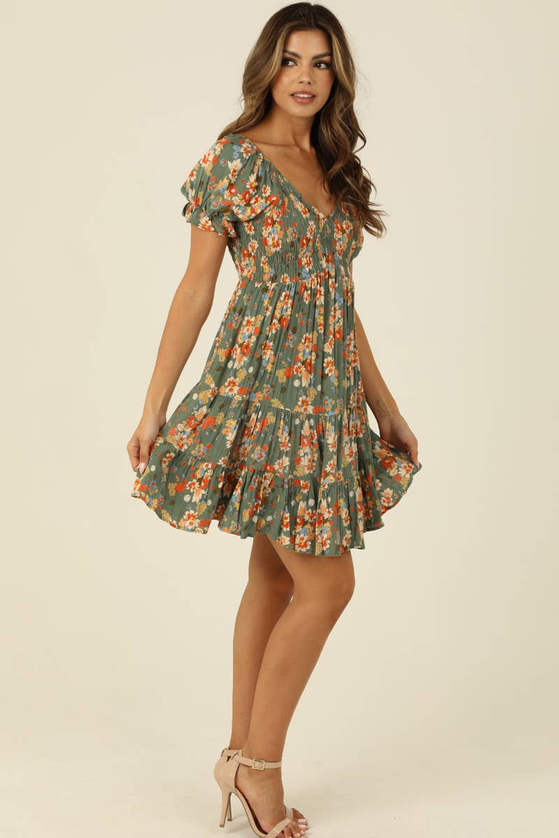 SMOCKED BODICE SHORT SLEEVE DRESS