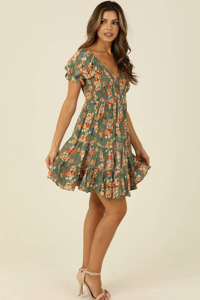SMOCKED BODICE SHORT SLEEVE DRESS