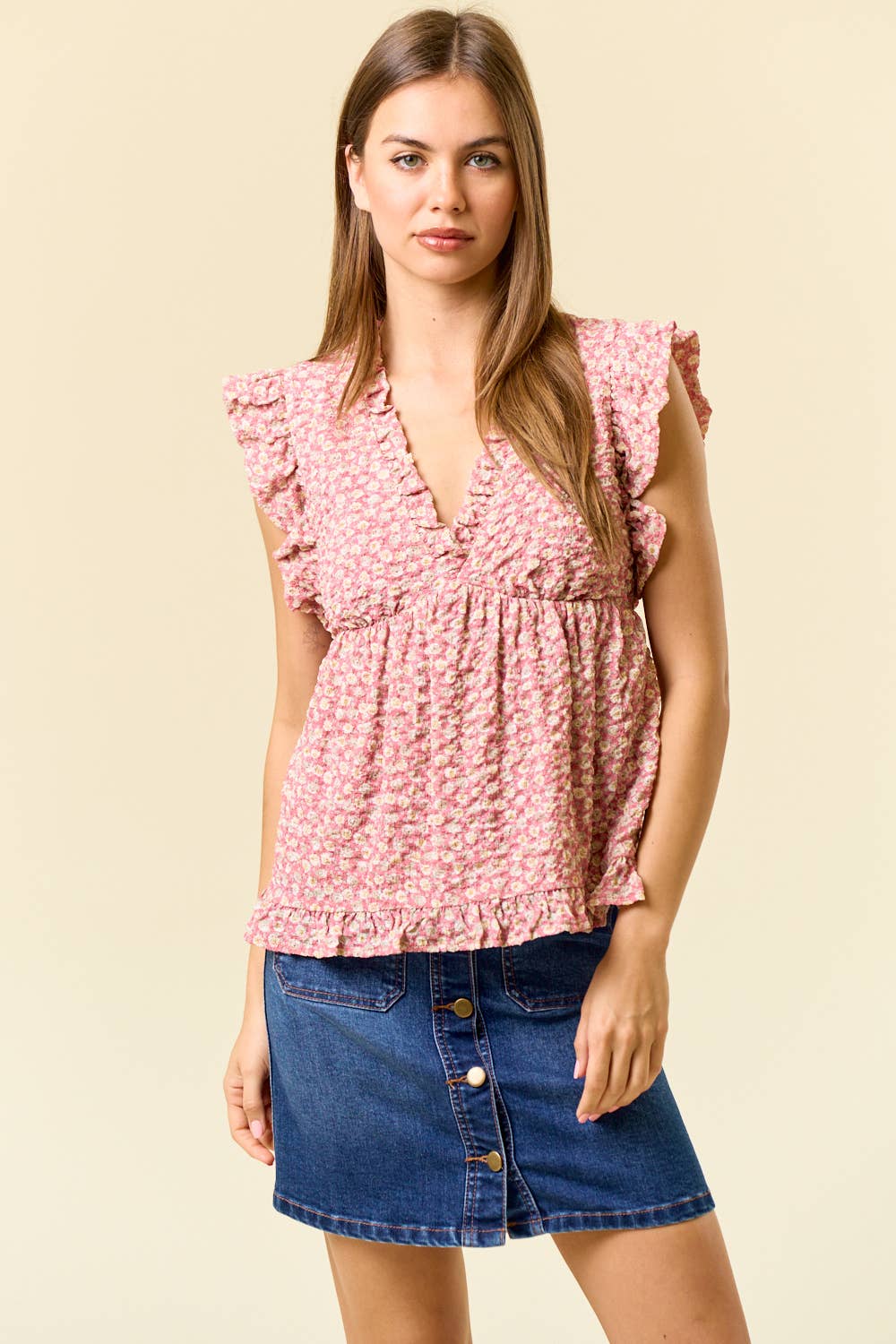 PUFFY FLORAL RUFFLED V-NECKLINE BABYDOLL TOP - 45098T
