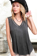 HBT7636-Dyed Fabric V-neck Raw Edge Tank Top