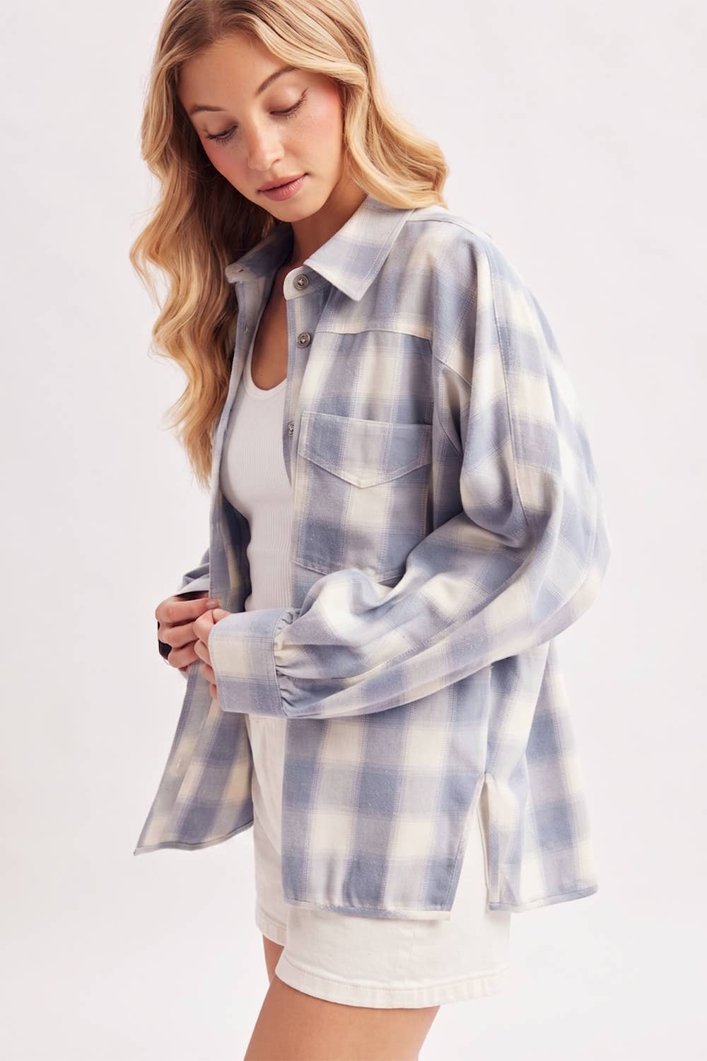 BUTTON DOWN PLAID SHACKET
