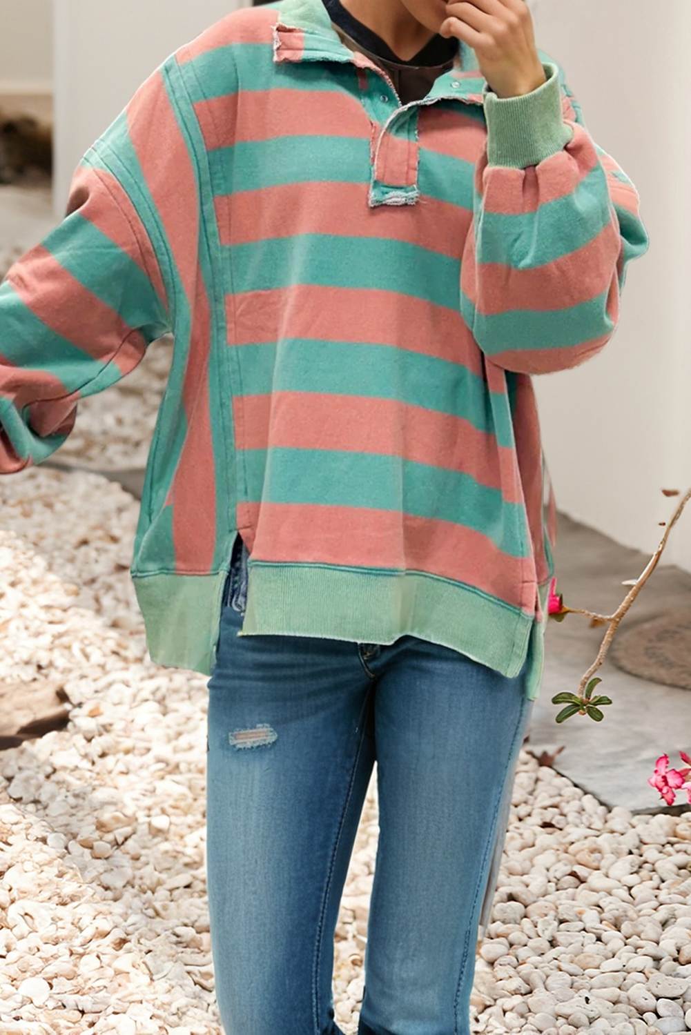 LDC Stripe Colorblock Split Collar Long Sleeve Top