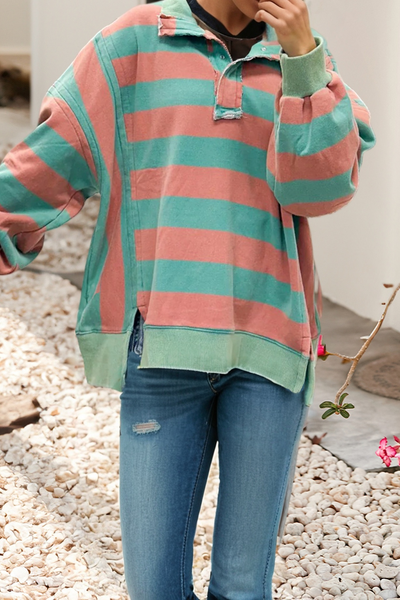 LDC Stripe Colorblock Split Collar Long Sleeve Top