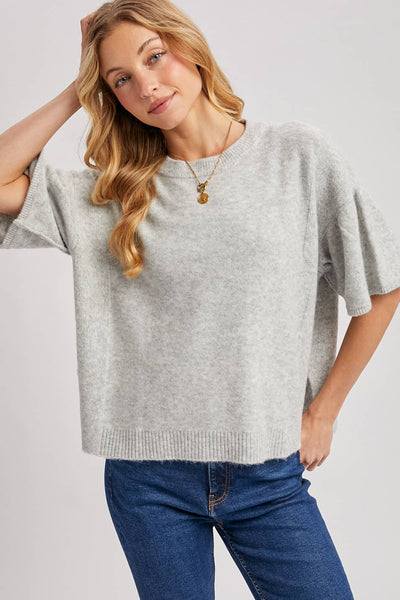GATHERED SHORT SLEEVE BOXY KNIT SWEATER TOP