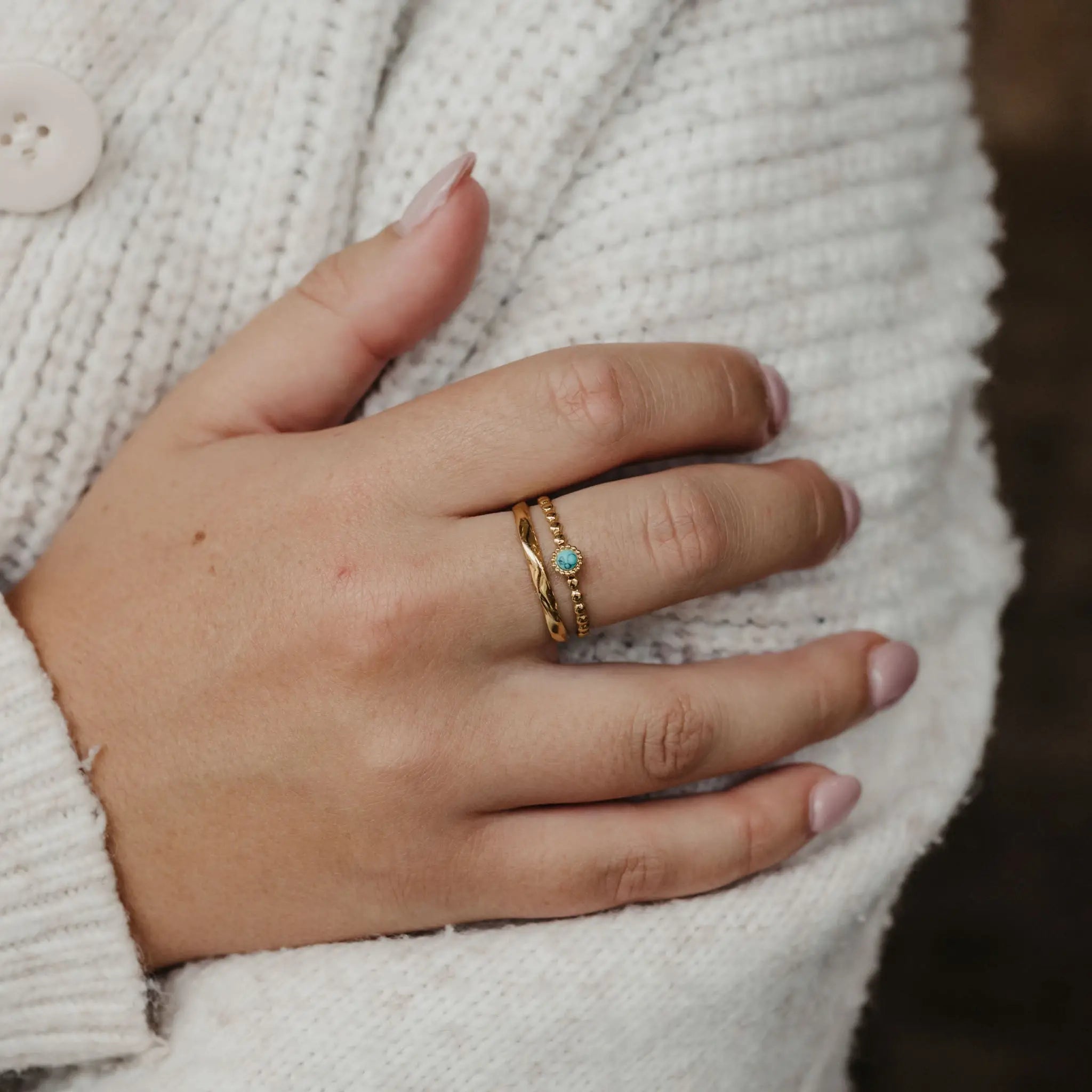 Turquoise Stone Double Ring, Waterproof Stainless Steel