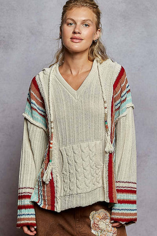 V neck striped pattern pocket detail chenille hoodie sweater