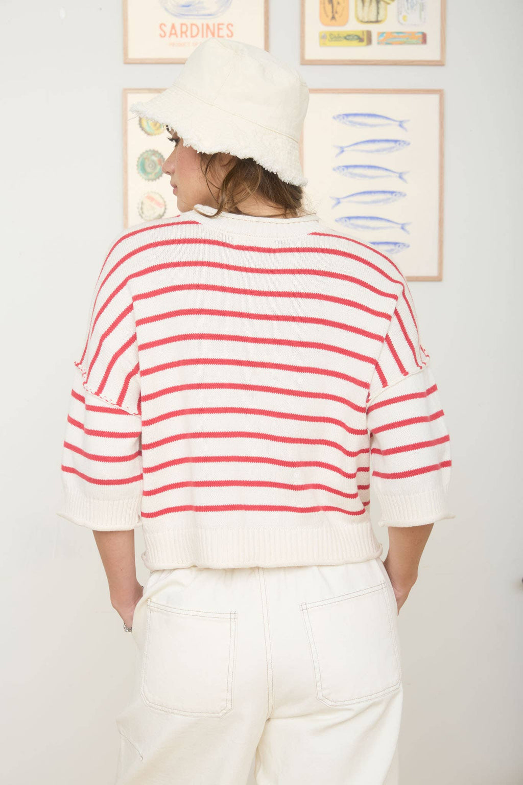 STRIPE RAW EDGE DROP SHOULDER SHORT SLEEVE SWEATER