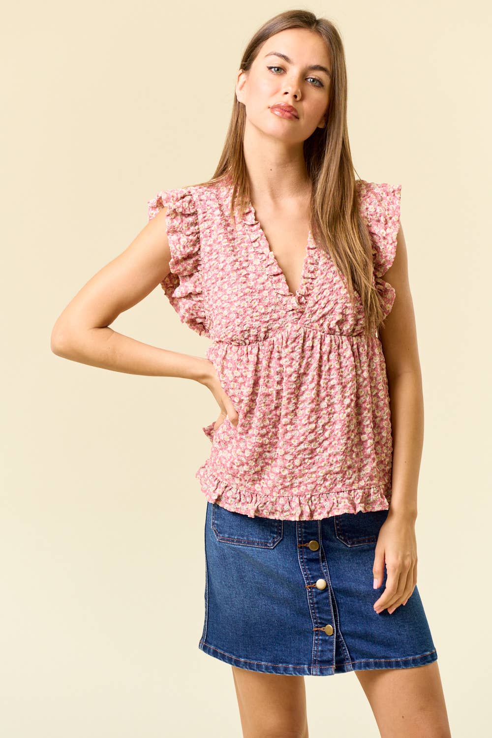 PUFFY FLORAL RUFFLED V-NECKLINE BABYDOLL TOP - 45098T