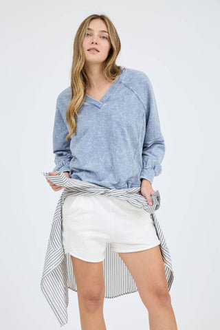 WASHED V NECK EXPOSED SEAM LONG SLEEVE KNIT TOP