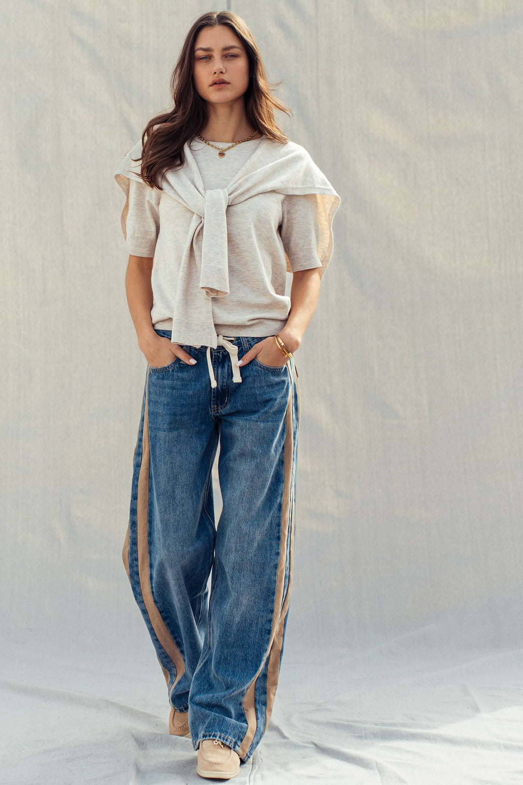 Wide-Leg Utility Stripe Denim Jeans