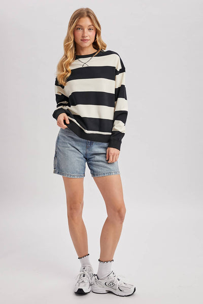 STRIPED BOXY CREW NECK KNIT SWEATSHIRT