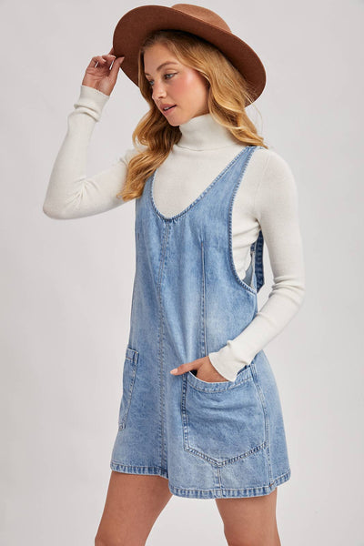 DENIM WASHED OVERALL POCKET DRESS
