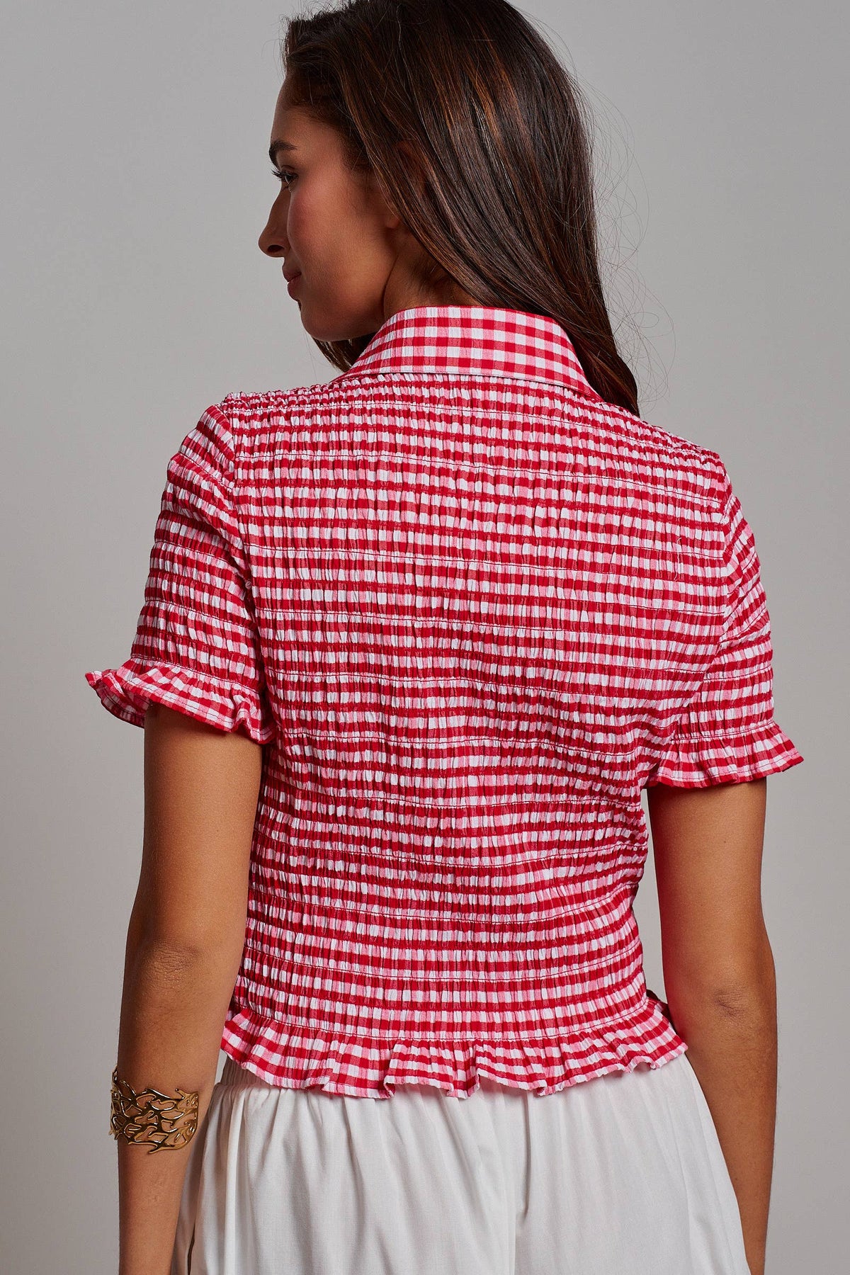 All-Over Smocked Gingham Button-Up Shirt