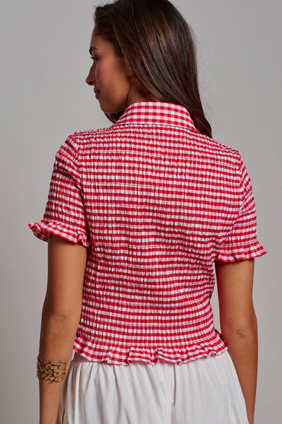 All-Over Smocked Gingham Button-Up Shirt
