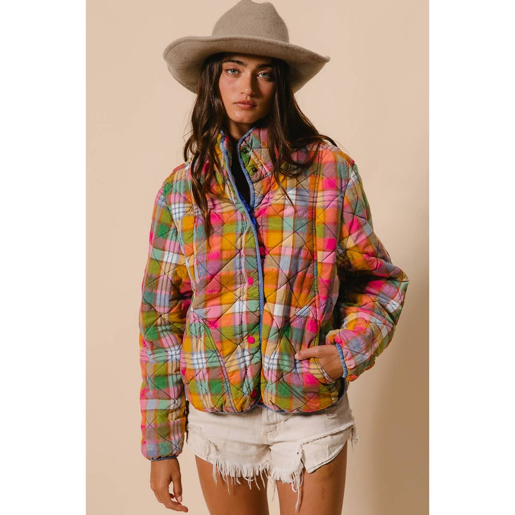 BLEACHED VINTAGE PLAID QUILTED JACKET WITH POCKETS