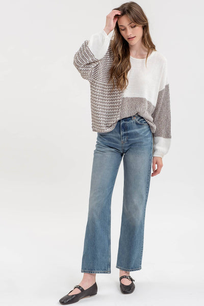 BACK TIE COLORBLOCK KNIT SWEATER