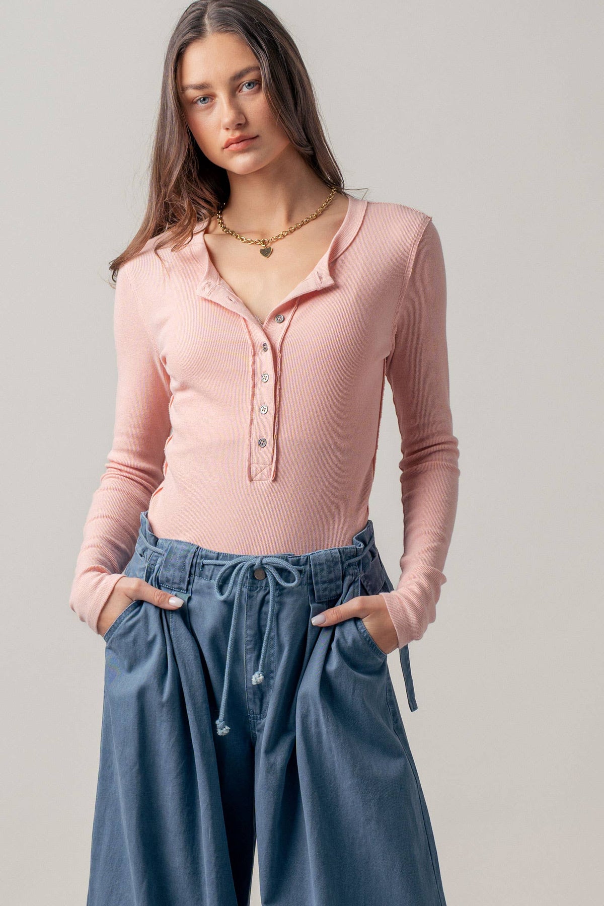 Ribbed Henley Long Sleeve Top