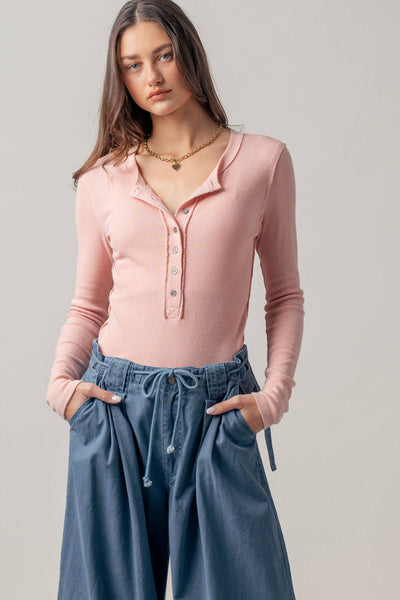 Ribbed Henley Long Sleeve Top