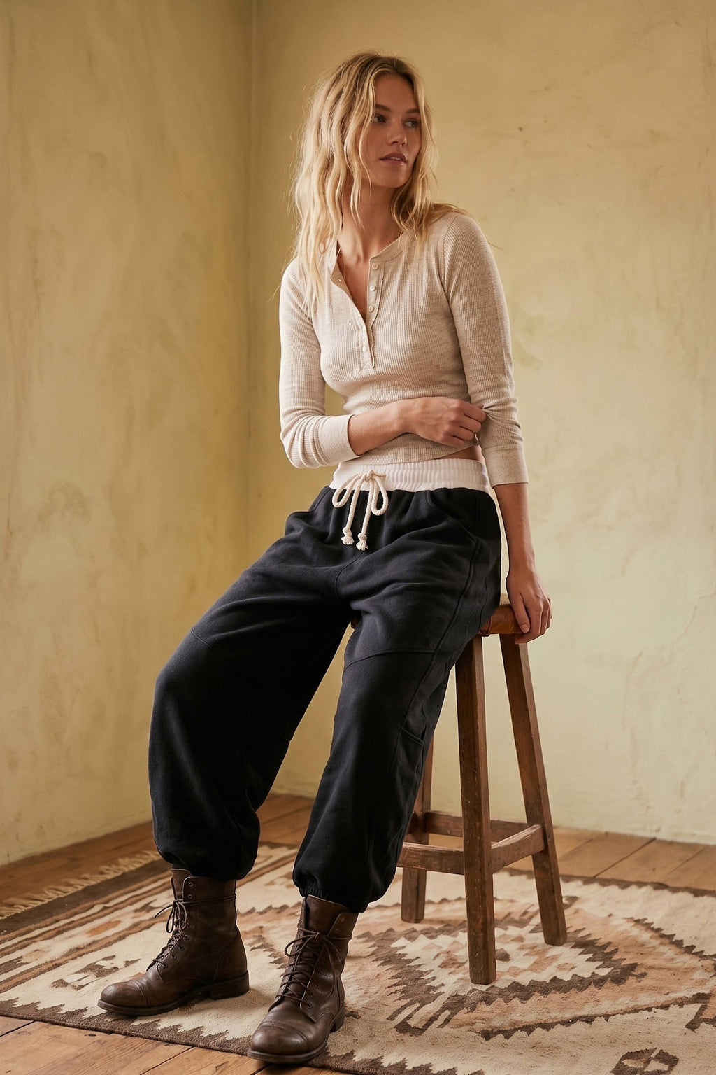 Fleece-Lined Oversized Barrel Leg Drawstring Pants