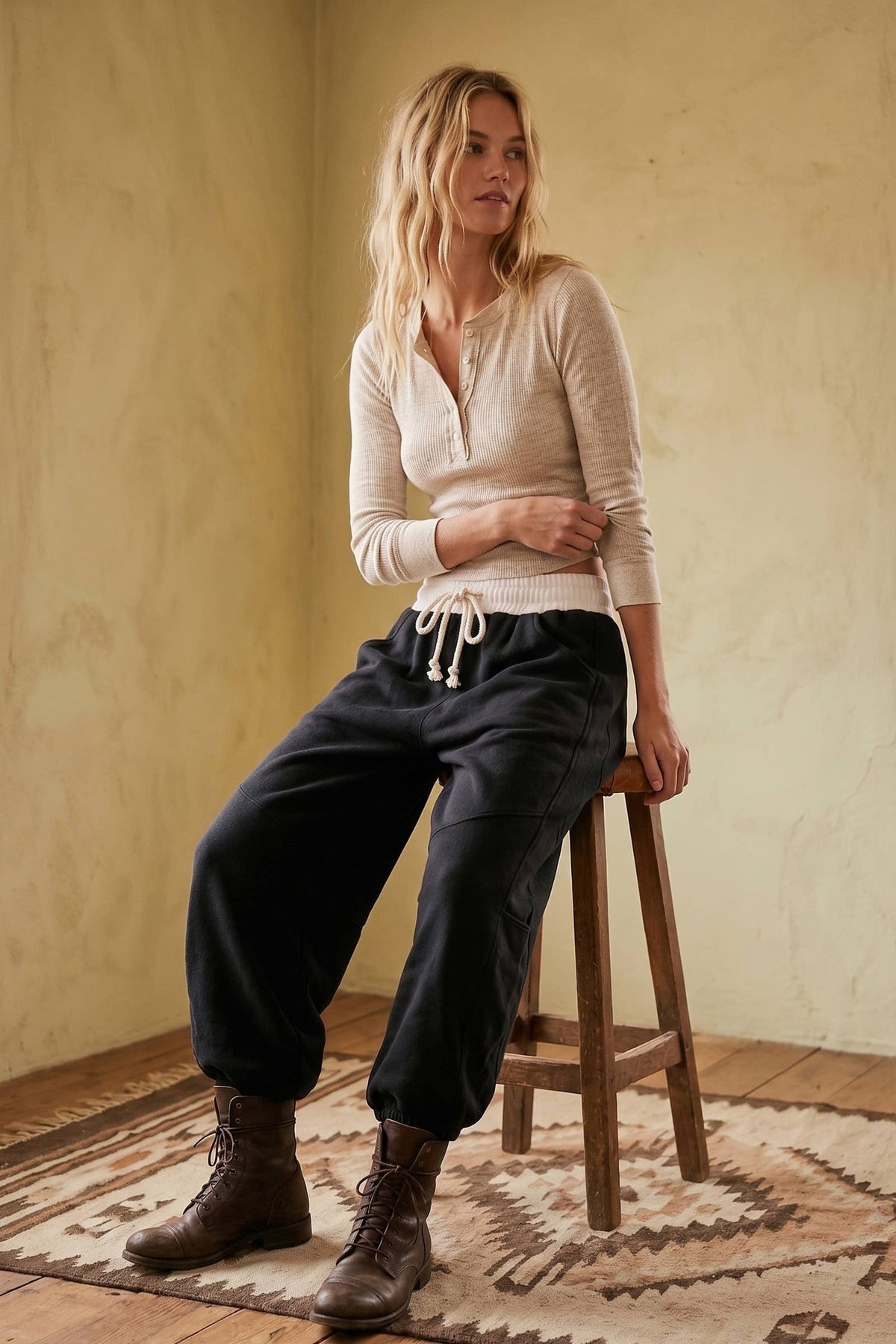 Fleece-Lined Oversized Barrel Leg Drawstring Pants