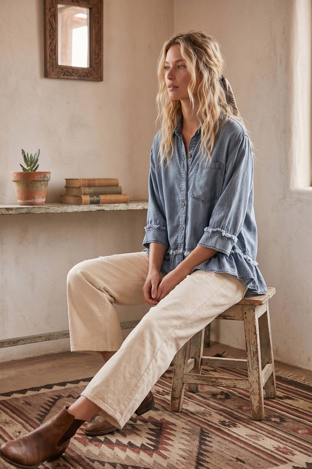 Mineral Washed Tencel Ruffle Hem Shirt