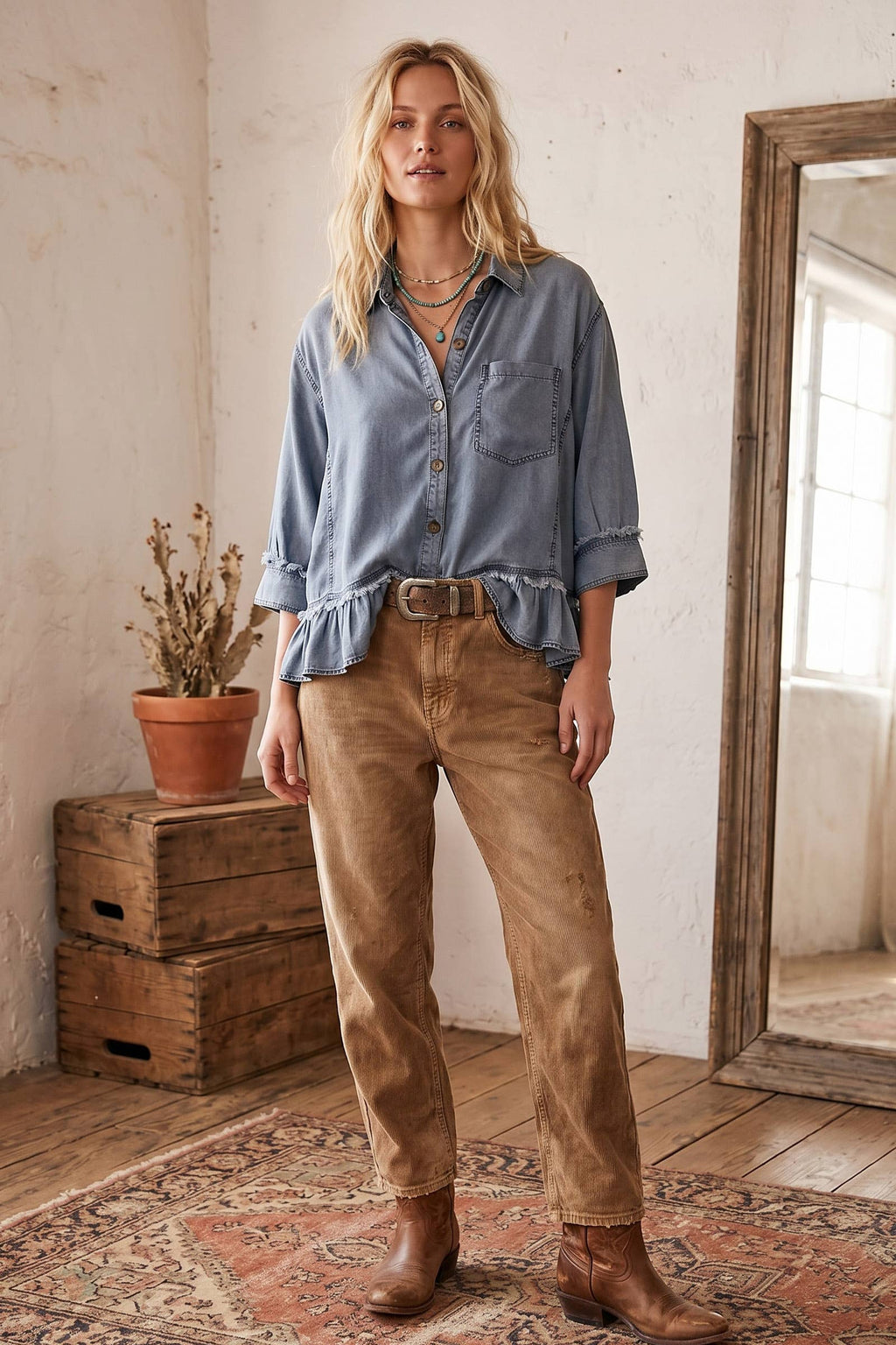 Mineral Washed Tencel Ruffle Hem Shirt