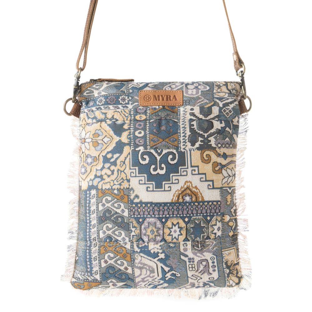 Loom Tapestry vintage crossbody Bag for Women in indigo with fringe detail
