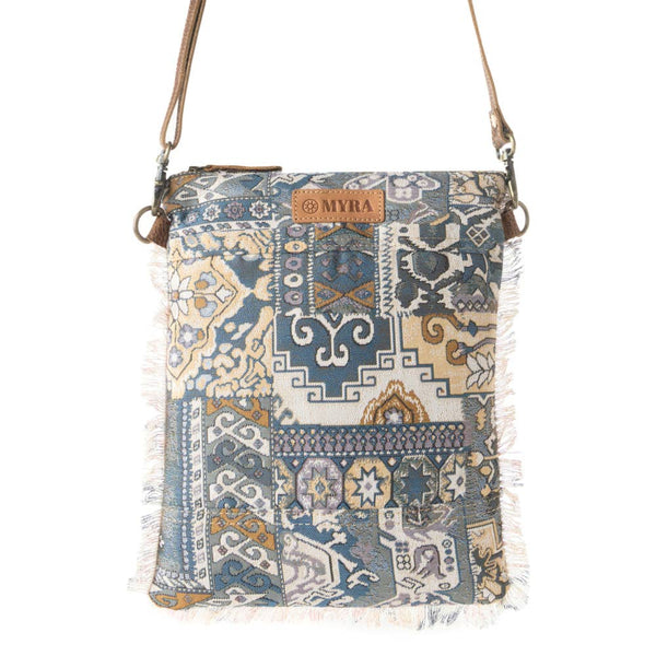 Loom Tapestry vintage crossbody Bag for Women in indigo with fringe detail