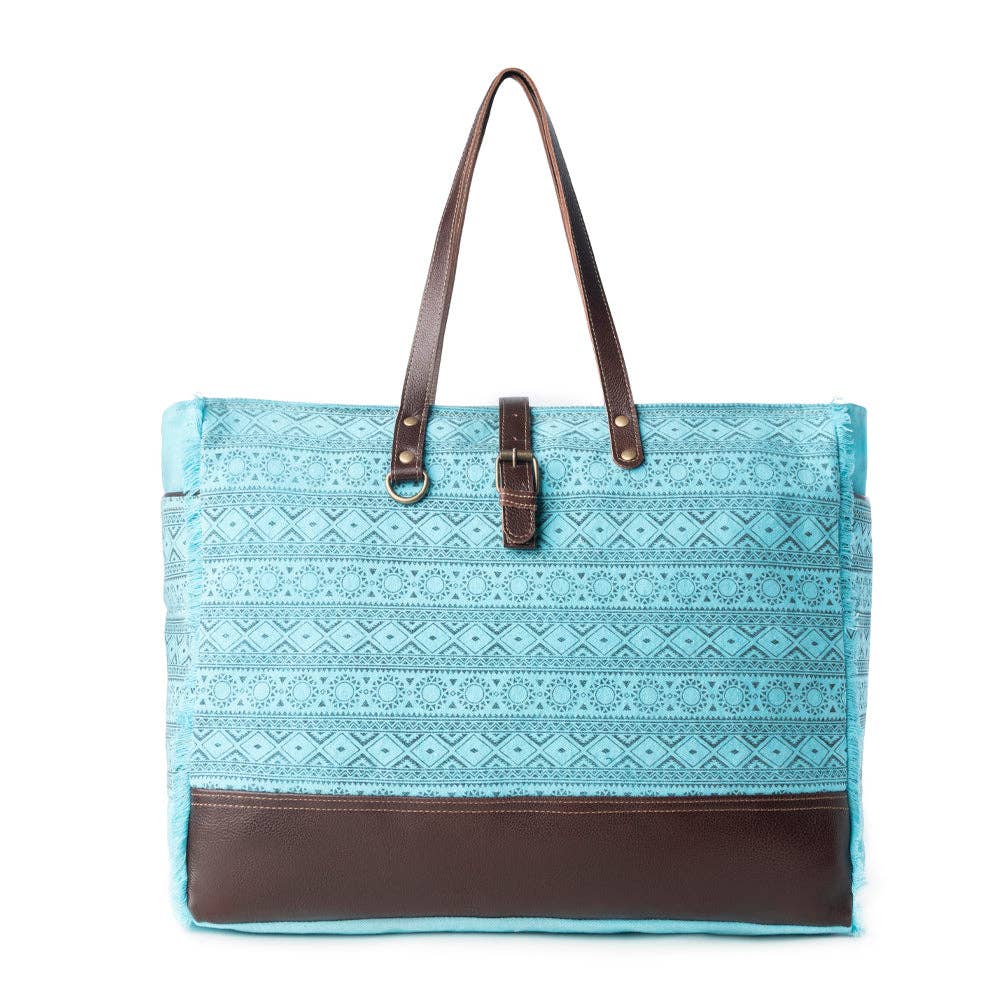 Aztec Sky Western Weekender Bag for Women in turquoise with print detail
