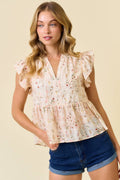 FLORAL PRINTED RUFFLE SLEEVE TOP - 45702T