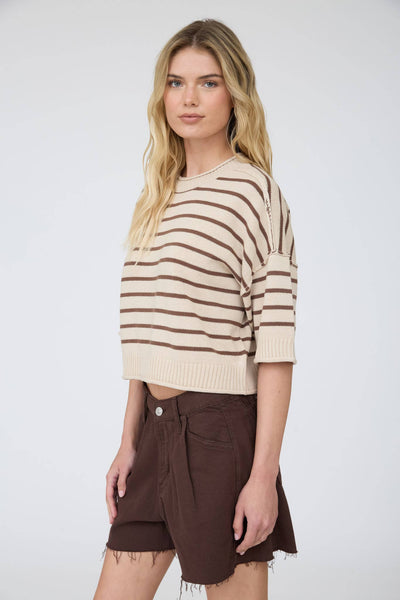 STRIPE RAW EDGE DROP SHOULDER SHORT SLEEVE SWEATER