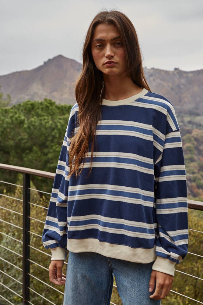 L8582 | Knit Cotton Striped Crew Neck Long Sleeve Top