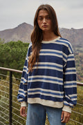 L8582 | Knit Cotton Striped Crew Neck Long Sleeve Top