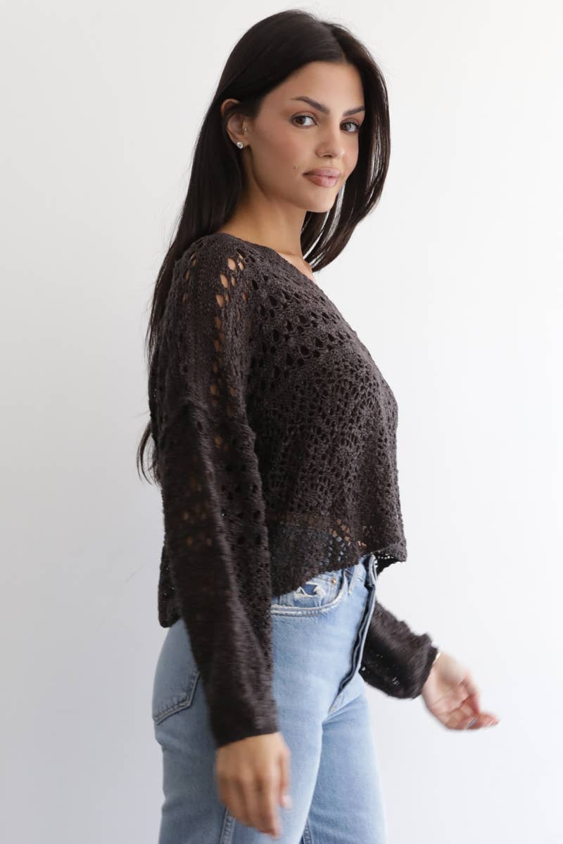 OPEN KNIT V NECK PULLOVER SWEATER