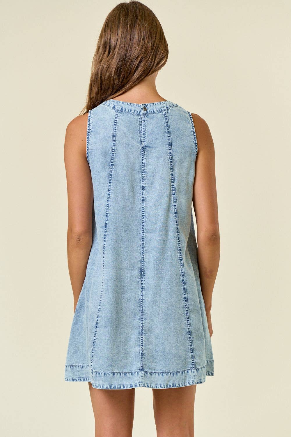Chambray Round Neckline Sleeveless A-Line Mini Dress