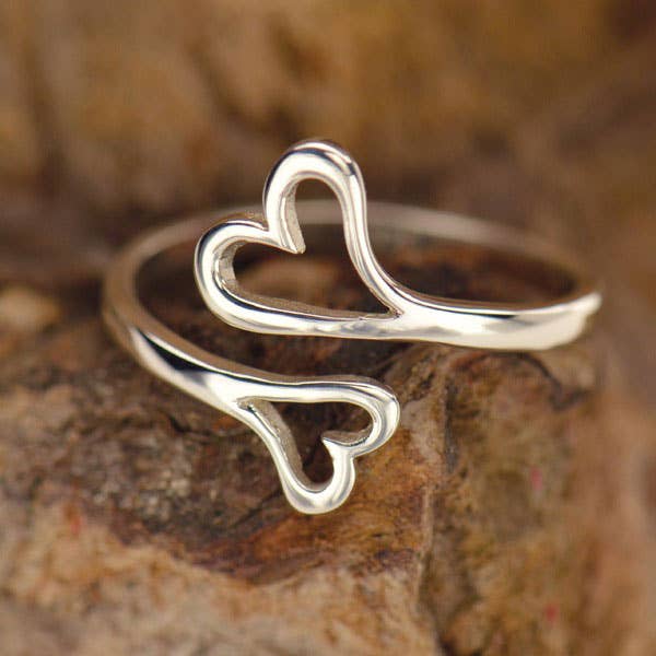 Sterling Silver Adjustable Ring - Double Heart
