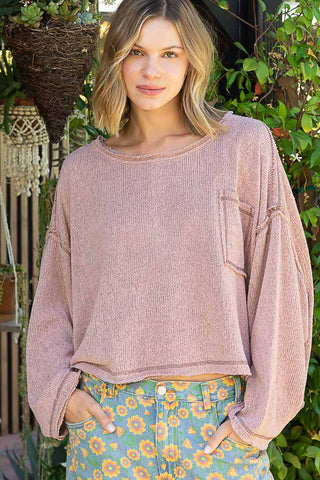 Round neck chest pocket cut sew sweater knit top