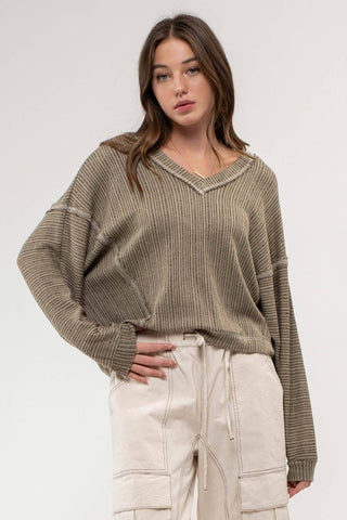 STRIPED DROP SHOULDER V NECK KNIT TOP